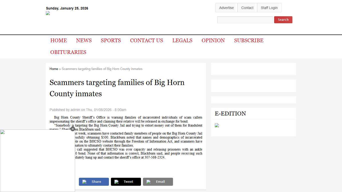 Scammers targeting families of Big Horn County inmates Basin Republican Rustler